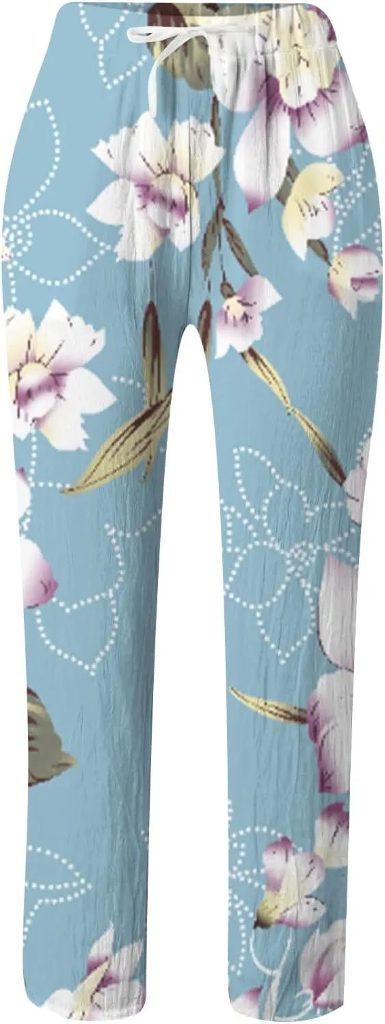 PTOLOCIF Cotton Pants for Women Summer Wide Leg Casual Loose Pant Drawstring High Waist Palazzo Pant Trousers with Pockets
