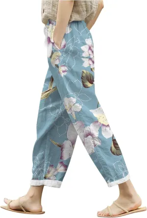 PTOLOCIF Cotton Pants for Women Summer Wide Leg Casual Loose Pant Drawstring High Waist Palazzo Pant Trousers with Pockets