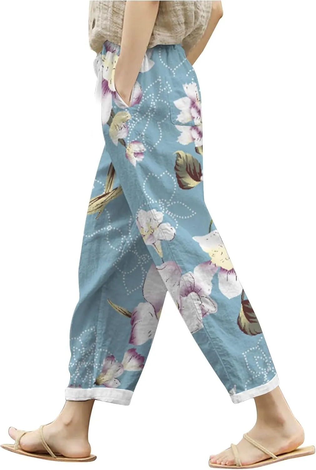 PTOLOCIF Cotton Pants for Women Summer Wide Leg Casual Loose Pant Drawstring High Waist Palazzo Pant Trousers with Pockets