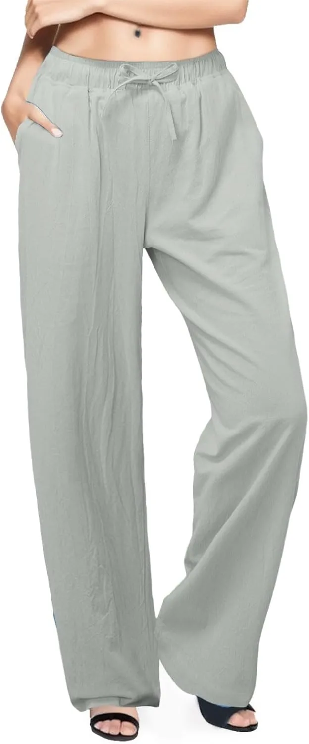 PTOLOCIF Cotton Pants for Women,Drawstring High Waist Palazzo Pants Wide Leg Cotton Pants Summer Beach Loose Trousers