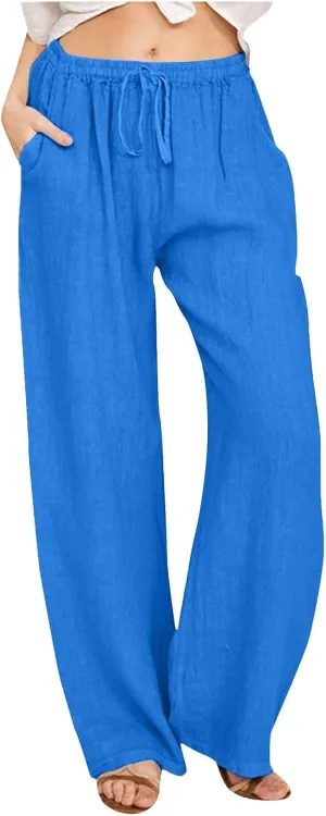 PTOLOCIF Cotton Pants for Women,Drawstring High Waist Palazzo Pants Wide Leg Cotton Pants Summer Beach Loose Trousers