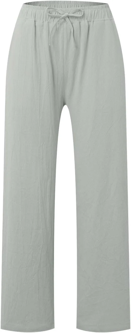 PTOLOCIF Cotton Pants for Women,Drawstring High Waist Palazzo Pants Wide Leg Cotton Pants Summer Beach Loose Trousers