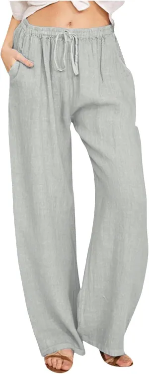 PTOLOCIF Cotton Pants for Women,Drawstring High Waist Palazzo Pants Wide Leg Cotton Pants Summer Beach Loose Trousers