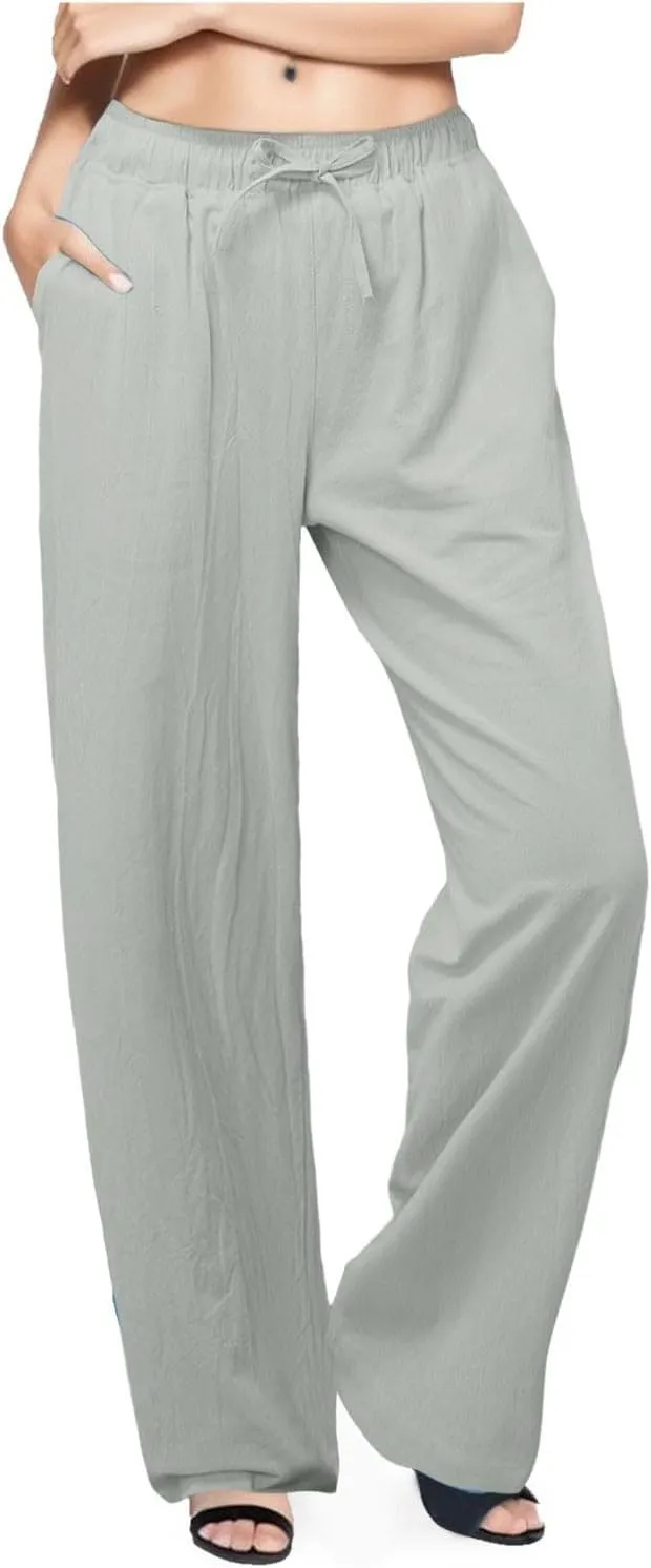 PTOLOCIF Cotton Pants for Women,Drawstring High Waist Palazzo Pants Wide Leg Cotton Pants Summer Beach Loose Trousers