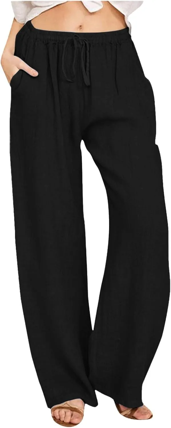 PTOLOCIF Cotton Pants for Women,Drawstring High Waist Palazzo Pants Wide Leg Cotton Pants Summer Beach Loose Trousers