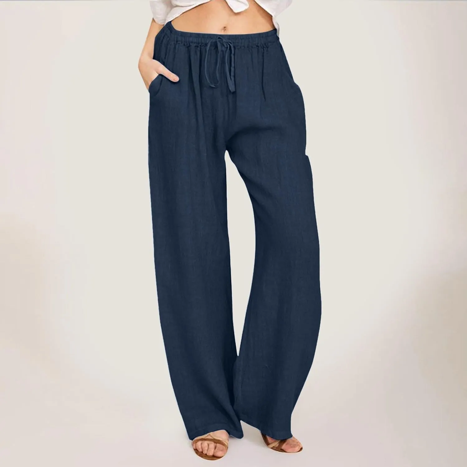 PTOLOCIF Cotton Pants for Women,Drawstring High Waist Palazzo Pants Wide Leg Cotton Pants Summer Beach Loose Trousers