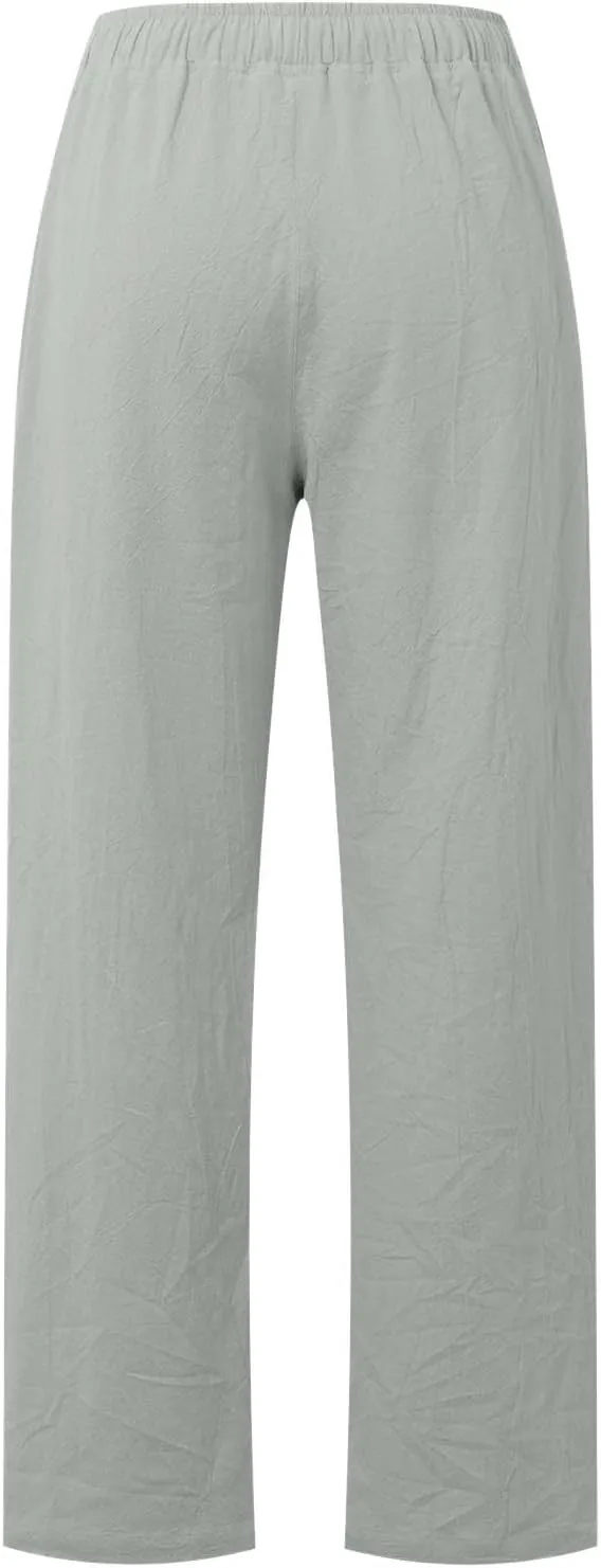PTOLOCIF Cotton Pants for Women,Drawstring High Waist Palazzo Pants Wide Leg Cotton Pants Summer Beach Loose Trousers