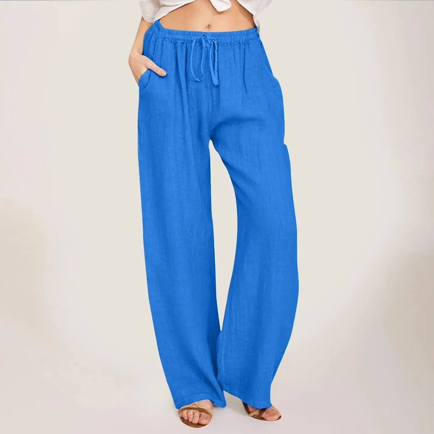 PTOLOCIF Cotton Pants for Women,Drawstring High Waist Palazzo Pants Wide Leg Cotton Pants Summer Beach Loose Trousers