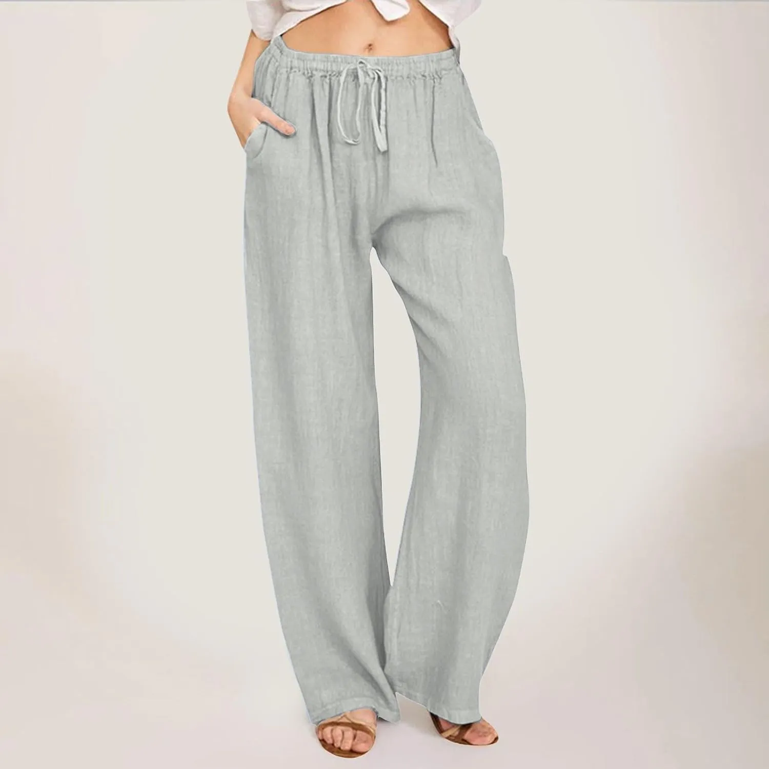 PTOLOCIF Cotton Pants for Women,Drawstring High Waist Palazzo Pants Wide Leg Cotton Pants Summer Beach Loose Trousers