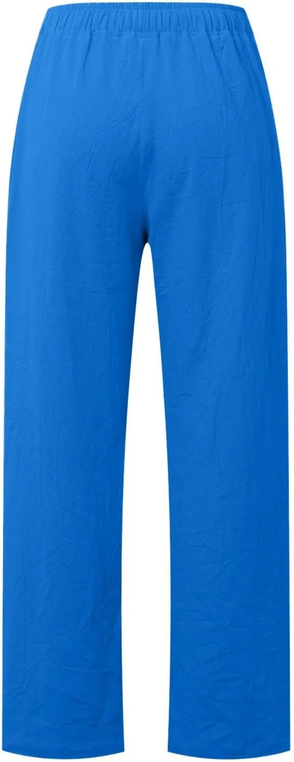 PTOLOCIF Cotton Pants for Women,Drawstring High Waist Palazzo Pants Wide Leg Cotton Pants Summer Beach Loose Trousers