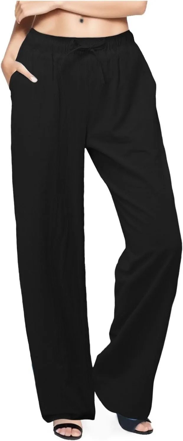 PTOLOCIF Cotton Pants for Women,Drawstring High Waist Palazzo Pants Wide Leg Cotton Pants Summer Beach Loose Trousers
