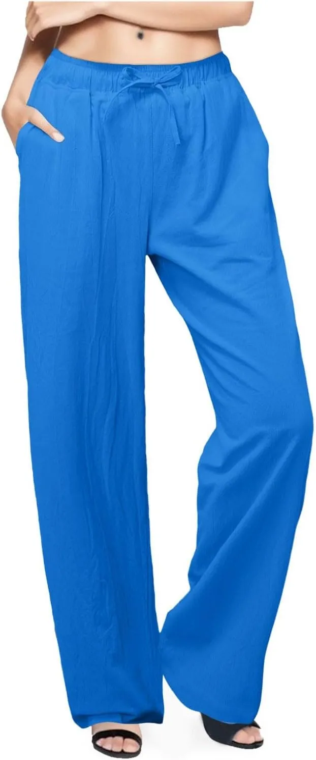 PTOLOCIF Cotton Pants for Women,Drawstring High Waist Palazzo Pants Wide Leg Cotton Pants Summer Beach Loose Trousers