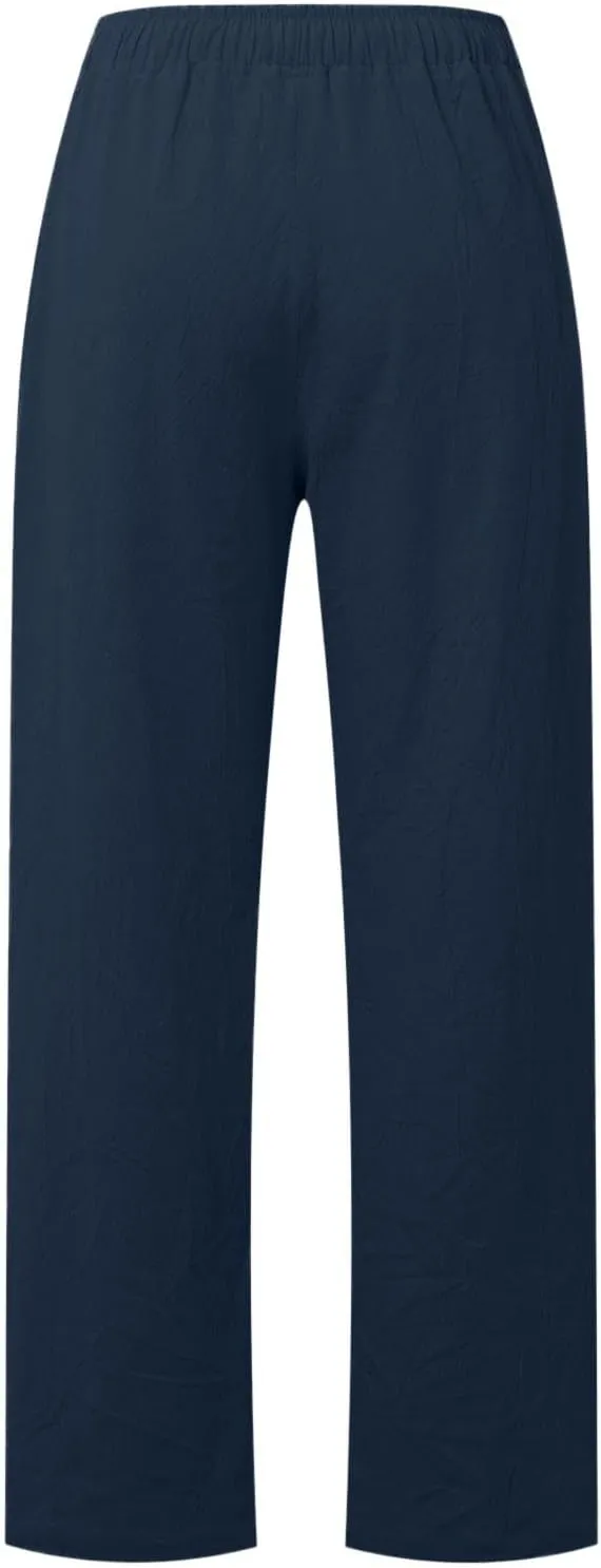 PTOLOCIF Cotton Pants for Women,Drawstring High Waist Palazzo Pants Wide Leg Cotton Pants Summer Beach Loose Trousers