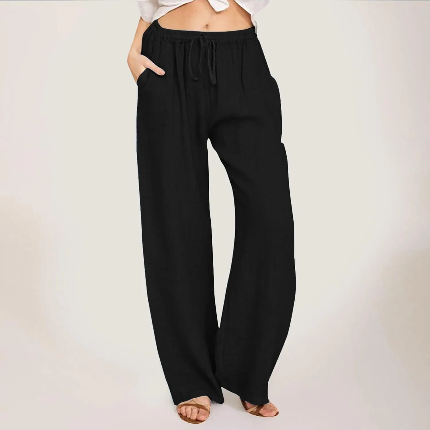 PTOLOCIF Cotton Pants for Women,Drawstring High Waist Palazzo Pants Wide Leg Cotton Pants Summer Beach Loose Trousers