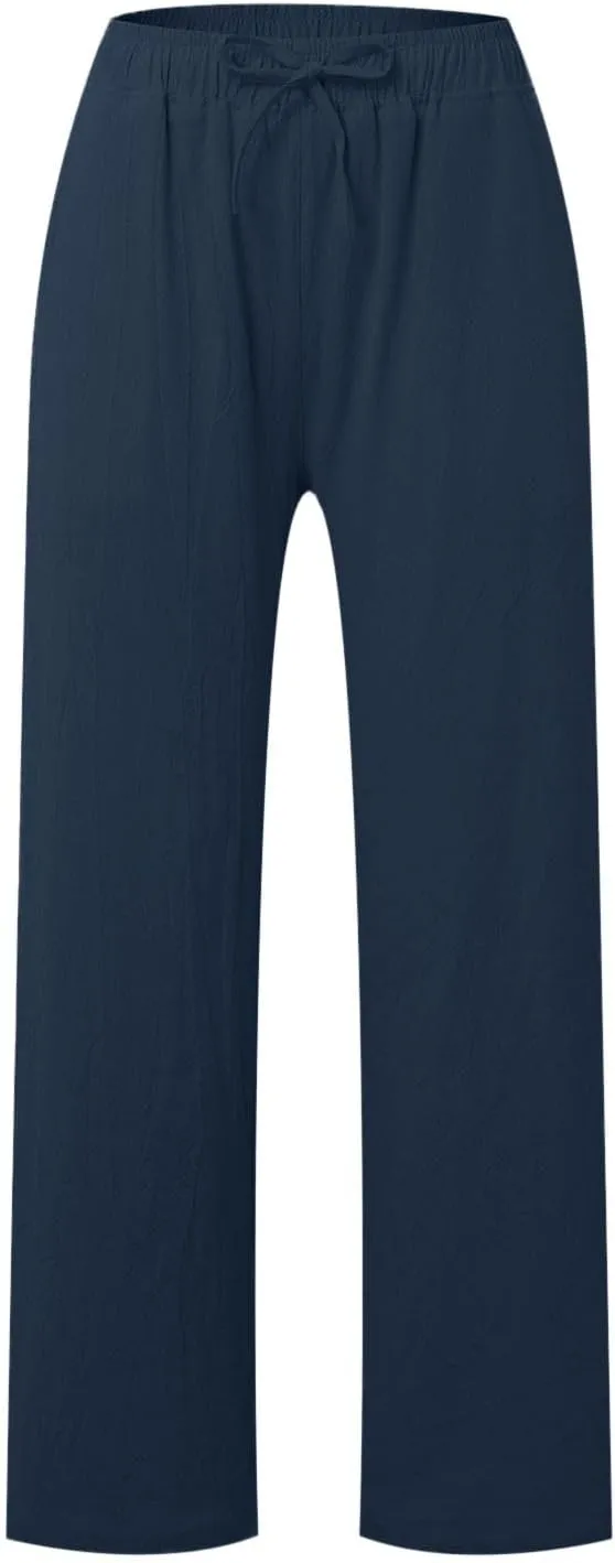 PTOLOCIF Cotton Pants for Women,Drawstring High Waist Palazzo Pants Wide Leg Cotton Pants Summer Beach Loose Trousers