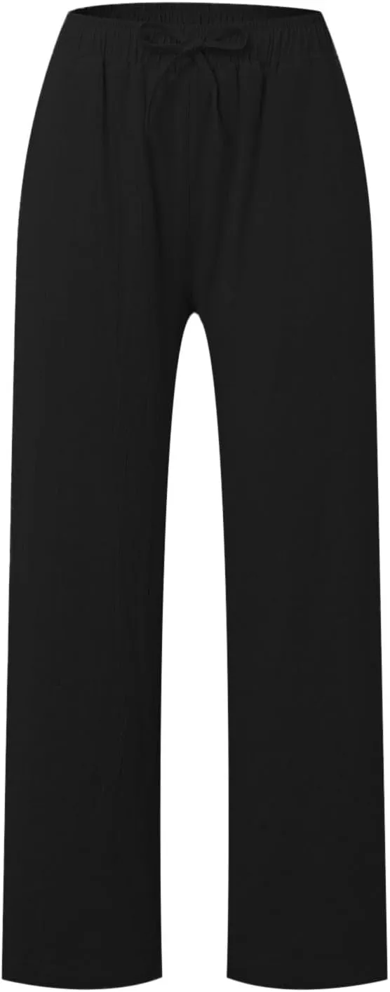 PTOLOCIF Cotton Pants for Women,Drawstring High Waist Palazzo Pants Wide Leg Cotton Pants Summer Beach Loose Trousers