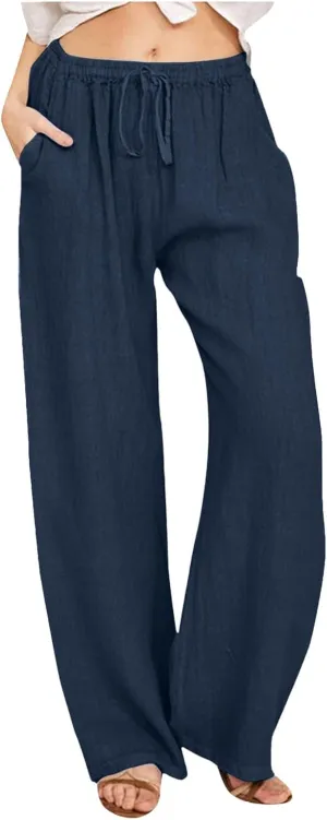 PTOLOCIF Cotton Pants for Women,Drawstring High Waist Palazzo Pants Wide Leg Cotton Pants Summer Beach Loose Trousers