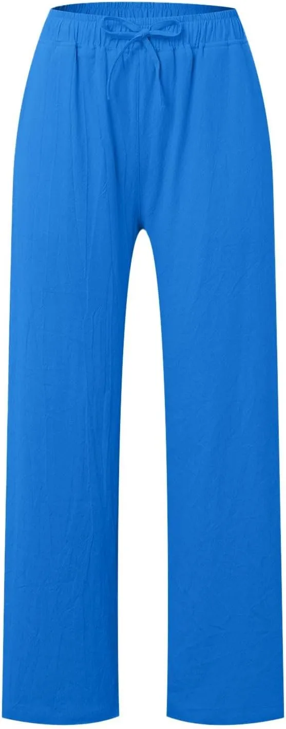 PTOLOCIF Cotton Pants for Women,Drawstring High Waist Palazzo Pants Wide Leg Cotton Pants Summer Beach Loose Trousers