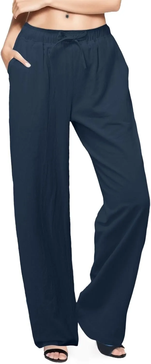 PTOLOCIF Cotton Pants for Women,Drawstring High Waist Palazzo Pants Wide Leg Cotton Pants Summer Beach Loose Trousers