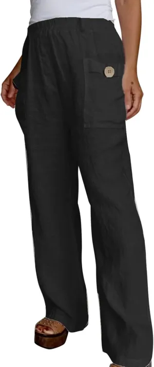 Pull On Linen Pants Women Linen Palazzo Pants Casual Trousers with Pockets Linen Blend Pants