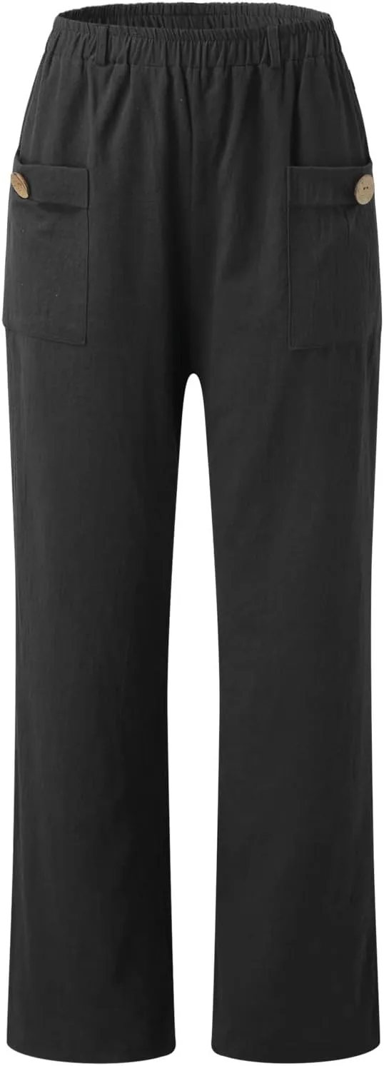 Pull On Linen Pants Women Linen Palazzo Pants Casual Trousers with Pockets Linen Blend Pants