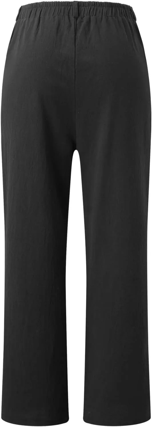 Pull On Linen Pants Women Linen Palazzo Pants Casual Trousers with Pockets Linen Blend Pants
