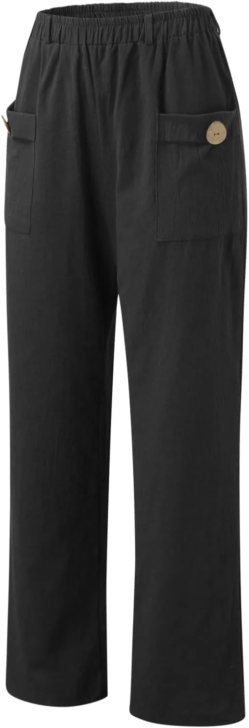 Pull On Linen Pants Women Linen Palazzo Pants Casual Trousers with Pockets Linen Blend Pants
