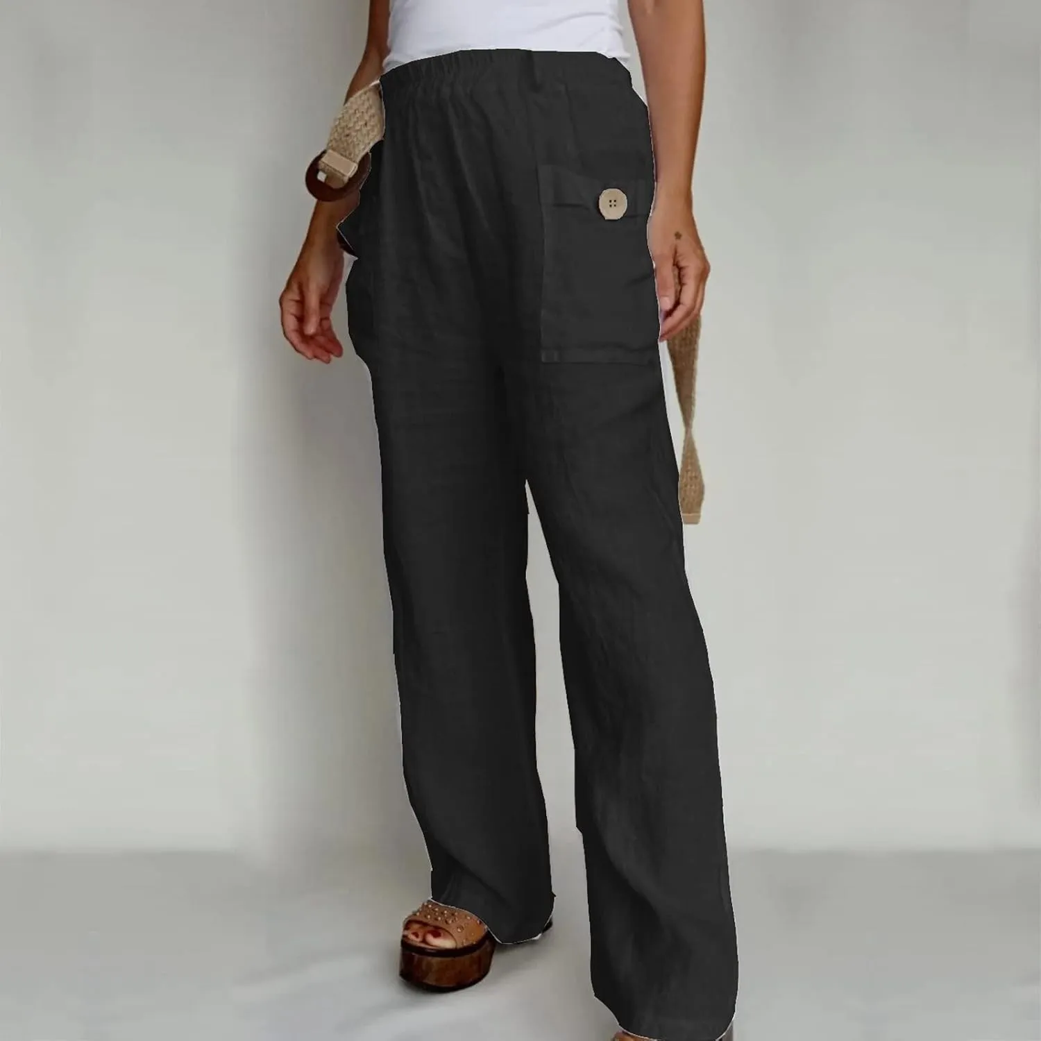 Pull On Linen Pants Women Linen Palazzo Pants Casual Trousers with Pockets Linen Blend Pants