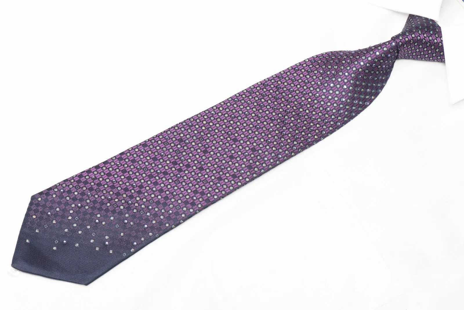Purple Navy Checkered Rhinestone Silk Necktie With Silver Sparkles