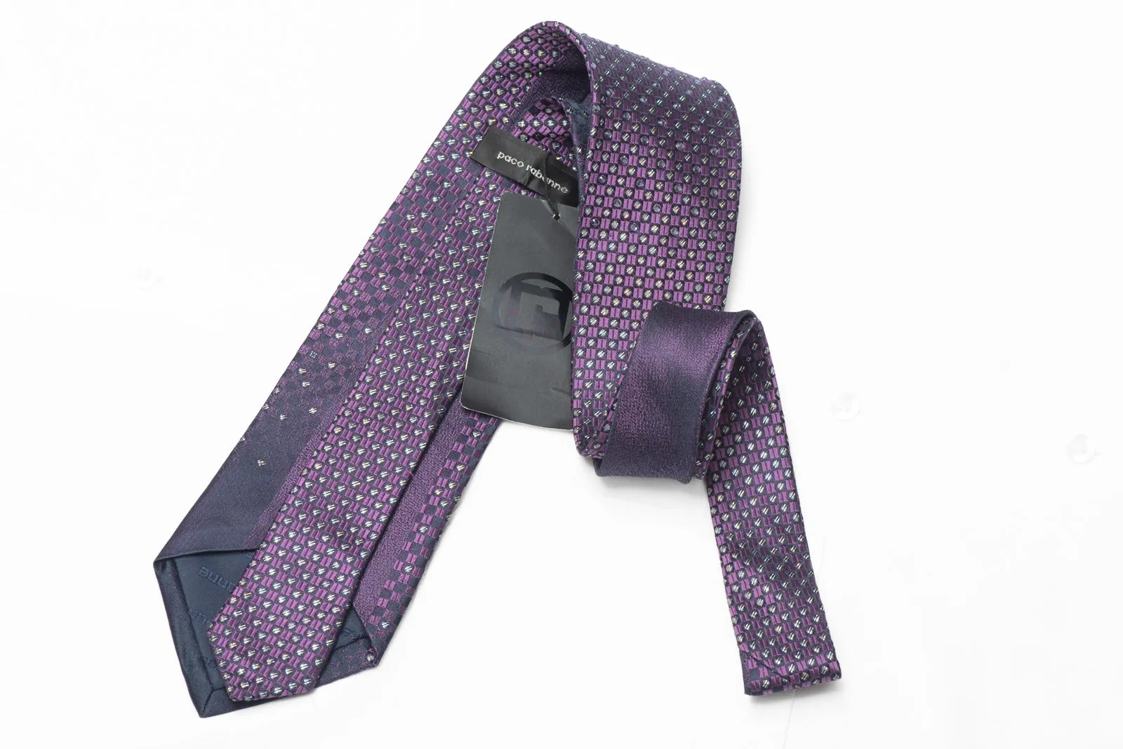 Purple Navy Checkered Rhinestone Silk Necktie With Silver Sparkles