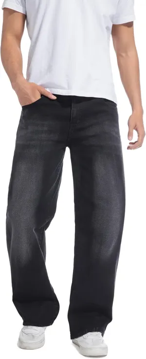 QIMYUM Men's Wide-Leg Baggy Flex Jeans Relaxed Loose Fit Long Denim Pants