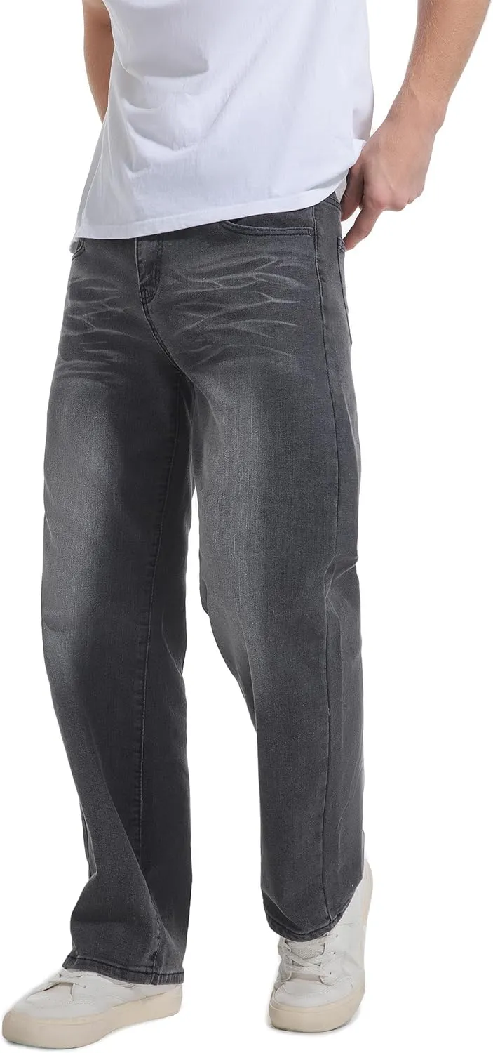 QIMYUM Men's Wide-Leg Baggy Flex Jeans Relaxed Loose Fit Long Denim Pants