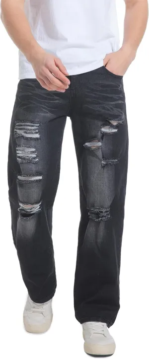 QIMYUM Men's Wide-Leg Baggy Flex Jeans Relaxed Loose Fit Long Denim Pants
