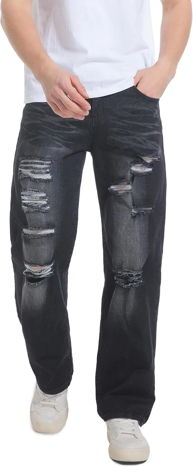 QIMYUM Men's Wide-Leg Baggy Flex Jeans Relaxed Loose Fit Long Denim Pants