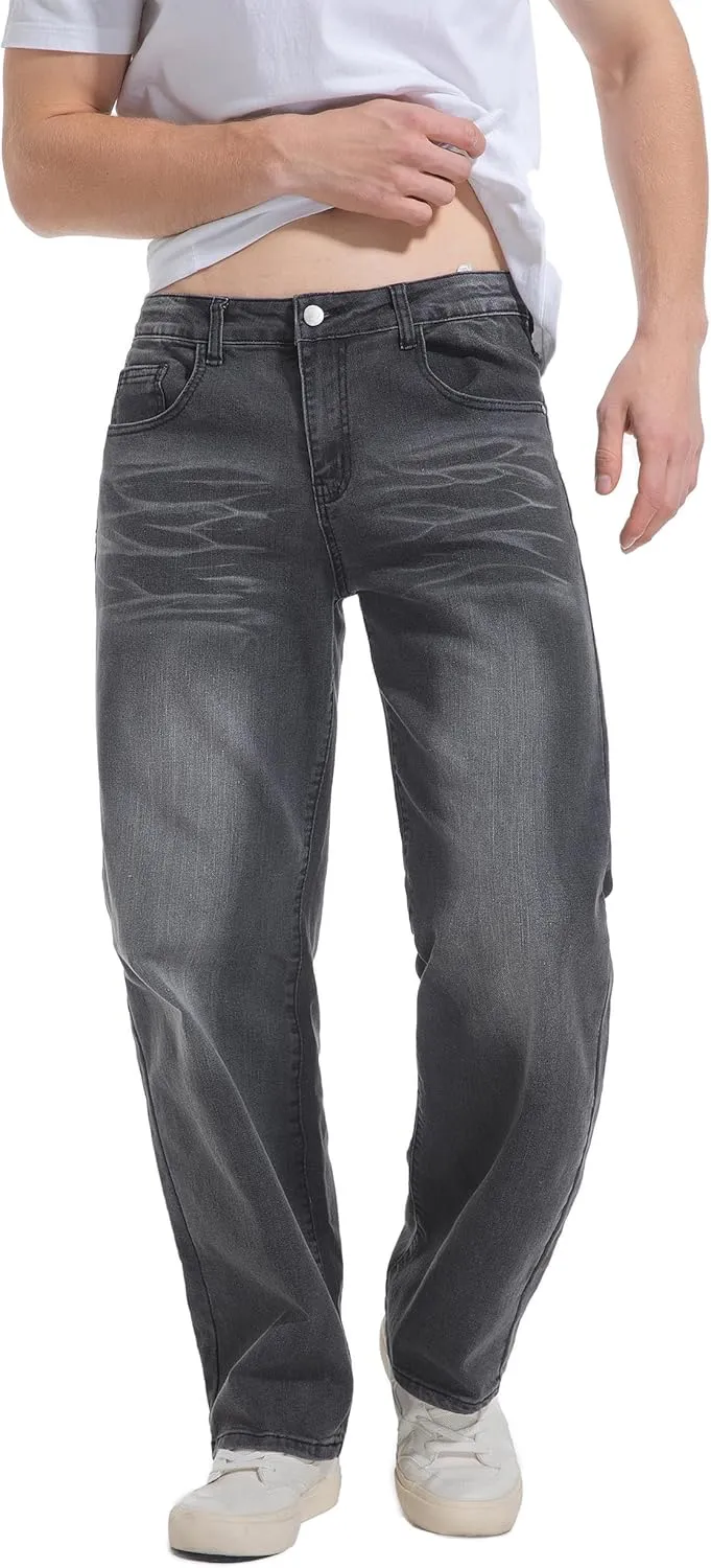 QIMYUM Men's Wide-Leg Baggy Flex Jeans Relaxed Loose Fit Long Denim Pants