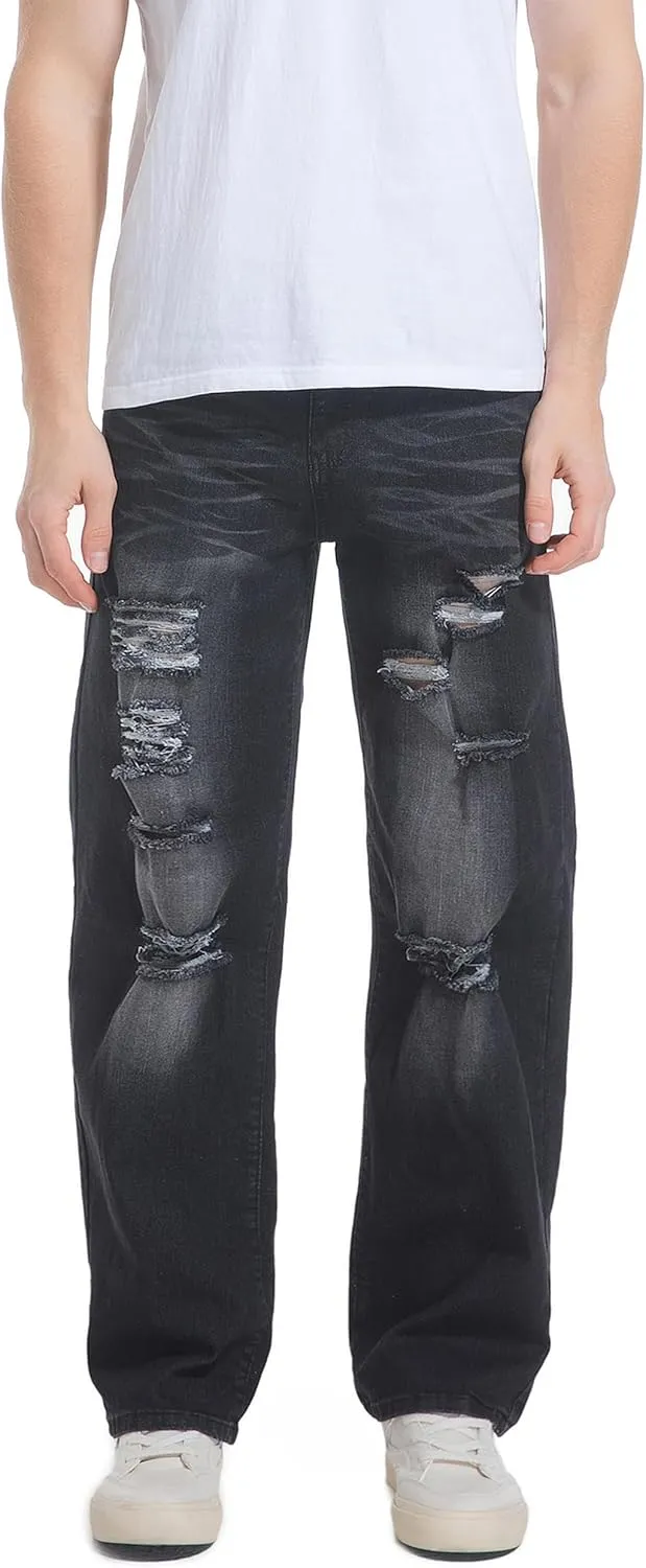 QIMYUM Men's Wide-Leg Baggy Flex Jeans Relaxed Loose Fit Long Denim Pants