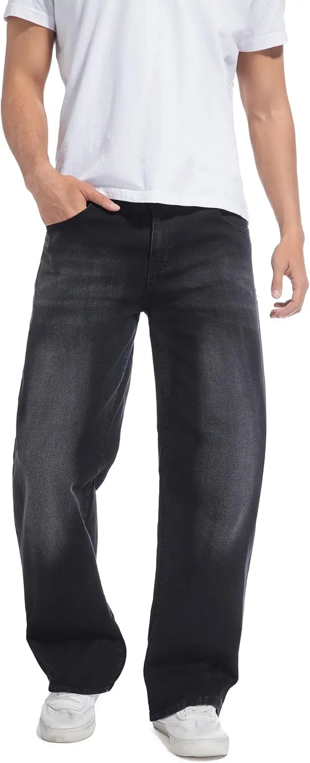 QIMYUM Men's Wide-Leg Baggy Flex Jeans Relaxed Loose Fit Long Denim Pants