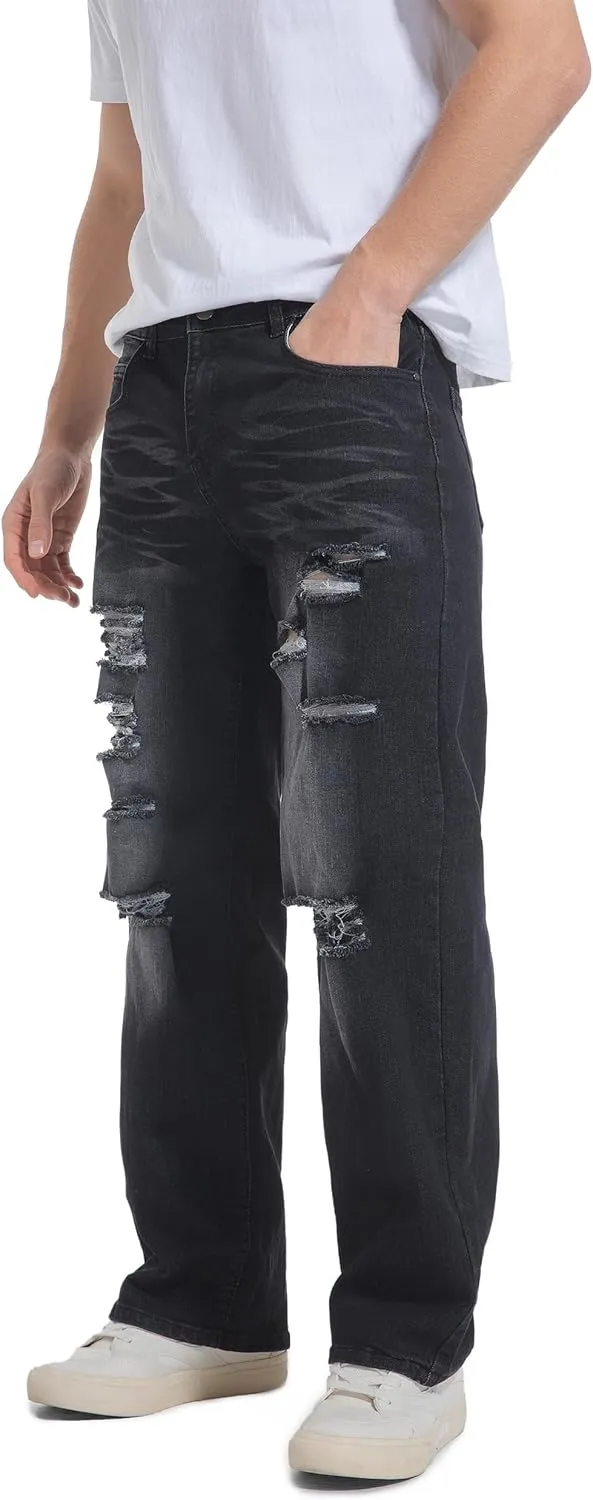 QIMYUM Men's Wide-Leg Baggy Flex Jeans Relaxed Loose Fit Long Denim Pants