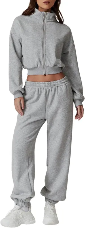 QINSEN Womens 2 Piece Oufits Full Zip Jacket Long Sleeve Sweatsuits Fleece Lounge Tracksuit with Joggers
