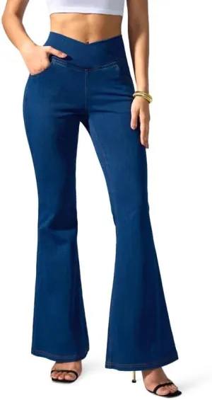 Rammus Flare Jeans for Women Crossover High Waisted Bell Bottom Jeans Trendy Yoga Pants Stretchy Flare Leggings with Pockets
