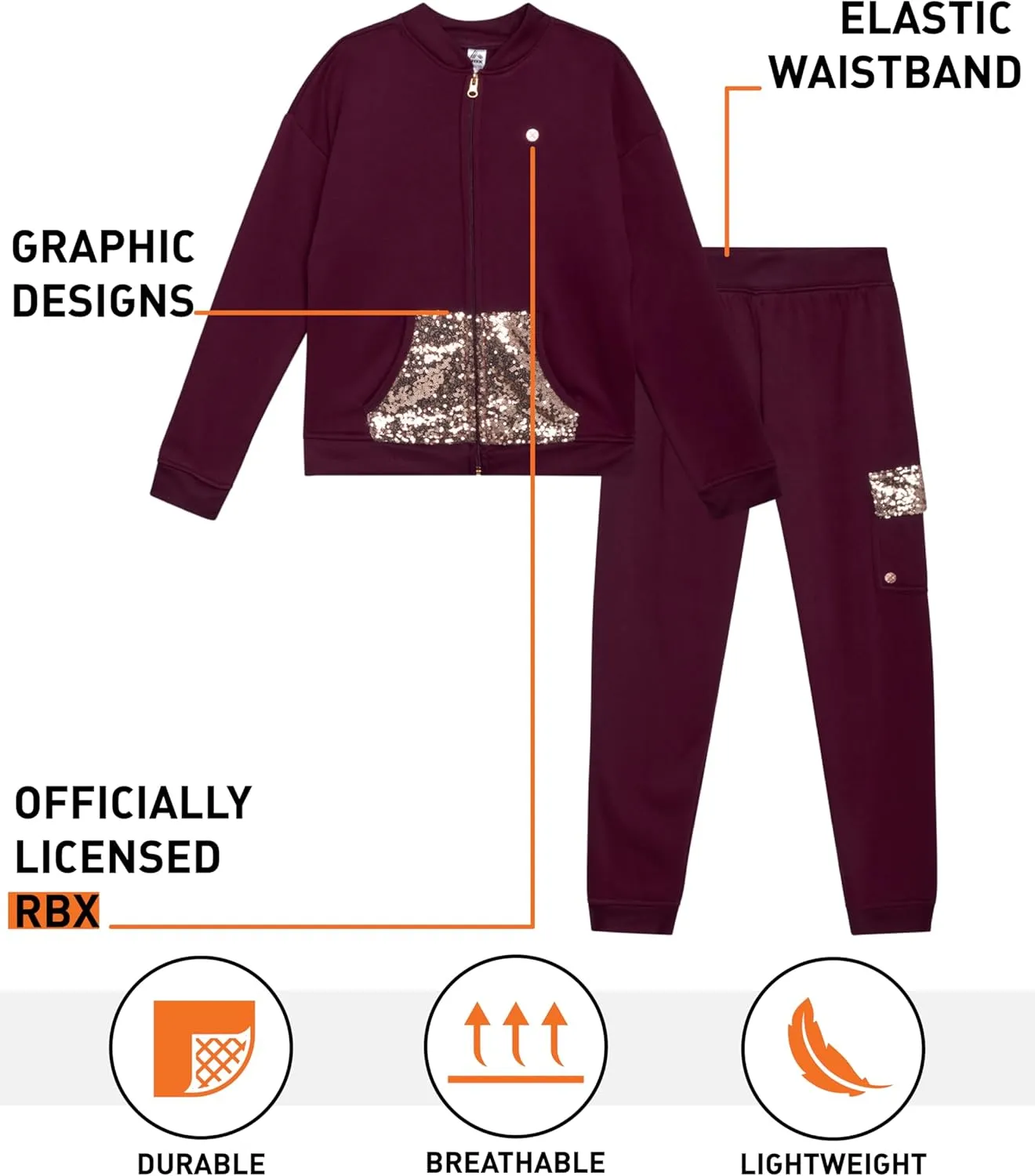 RBX Girls' Active Sweatsuit Set - 2 Piece Fleece Hoodie Sweatshirt and Sweatpants - Sequin Jogger Pants Set for Girls (7-12)
