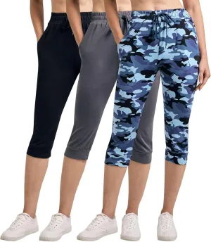 Real Essentials 3-Pack: Women's Ultra Soft Lounge Capri Joggers Sweatpants Athletic Yoga with Pockets(Available in Plus Size)