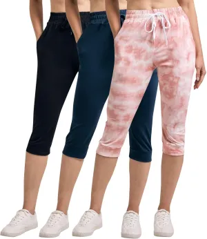 Real Essentials 3-Pack: Women's Ultra Soft Lounge Capri Joggers Sweatpants Athletic Yoga with Pockets(Available in Plus Size)