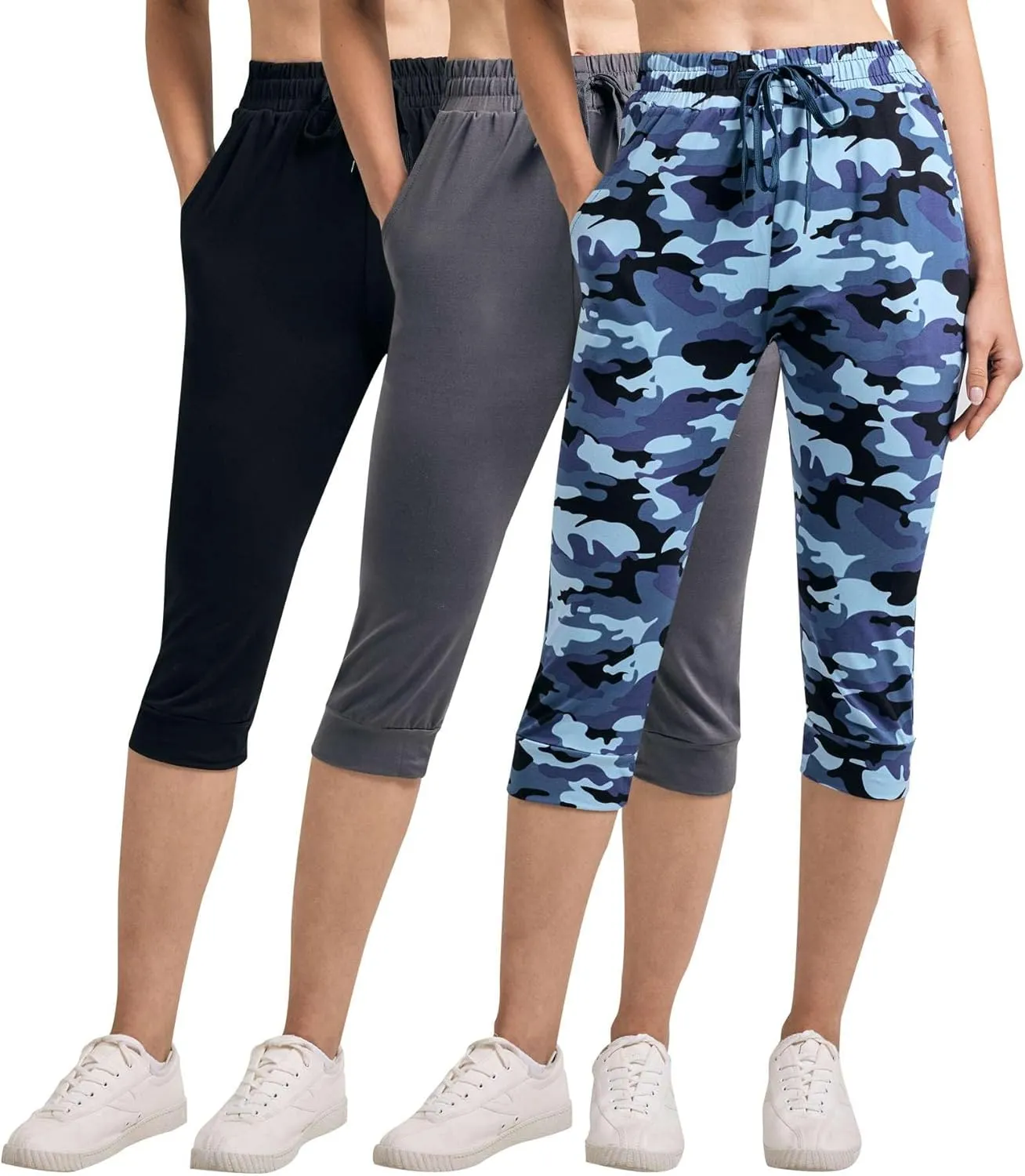 Real Essentials 3-Pack: Women's Ultra Soft Lounge Capri Joggers Sweatpants Athletic Yoga with Pockets(Available in Plus Size)