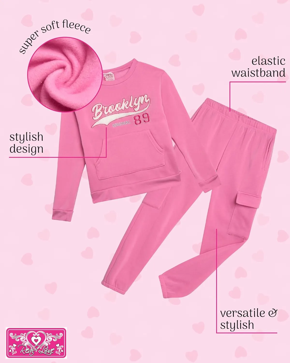 Real Love Girl's Sweatsuit - 2 Piece Cozy Fleece Jogset for Girls - Pull Over Crew Neck Sweatshirt and Sweatpants Set (7-12)