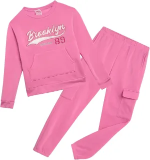 Real Love Girl's Sweatsuit - 2 Piece Cozy Fleece Jogset for Girls - Pull Over Crew Neck Sweatshirt and Sweatpants Set (7-12)
