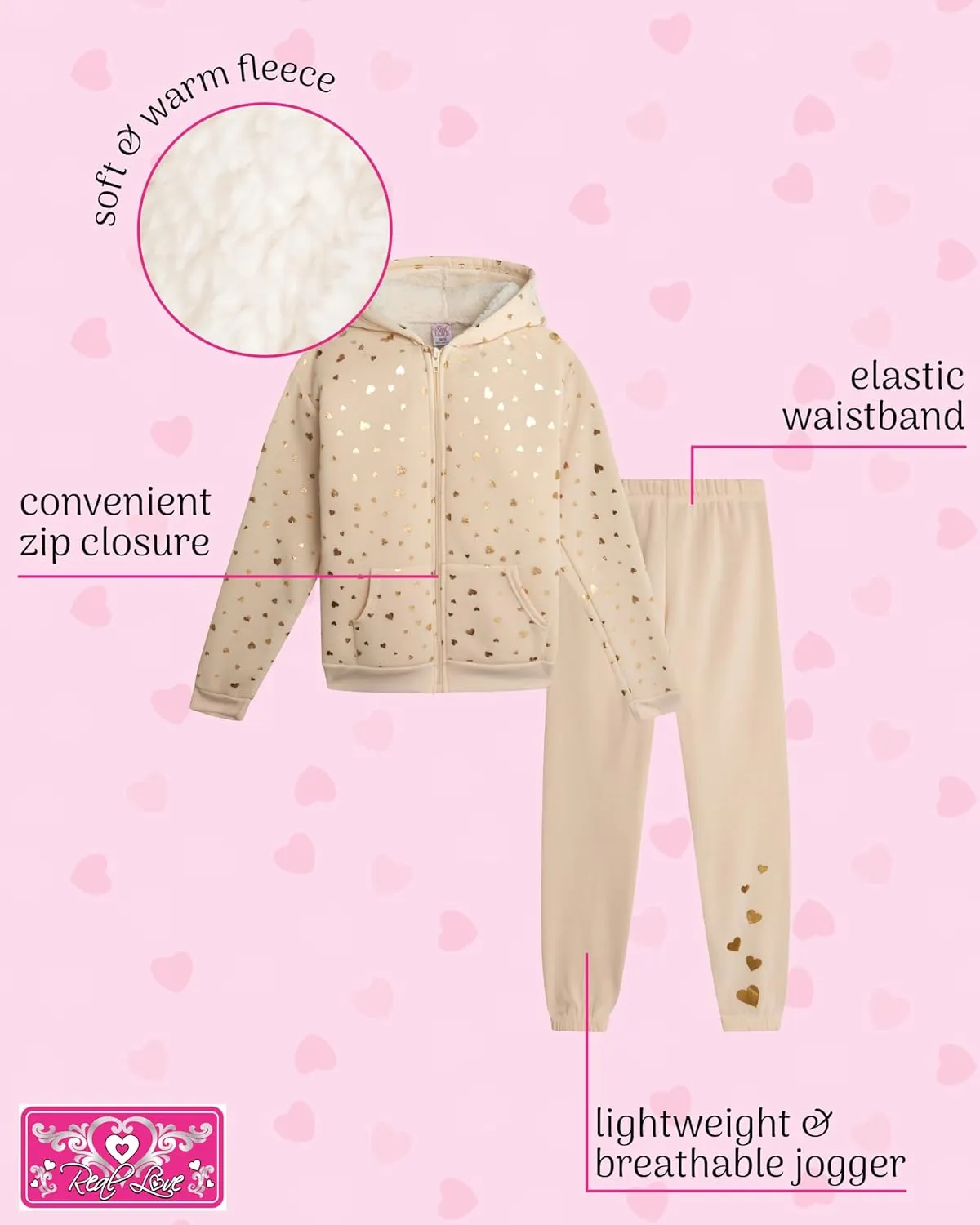Real Love Girls' Sweatsuit Set - 2 Piece Sweatshirt with Sherpa Fleece Lined Hood and Jogger Sweatpants (7-16)