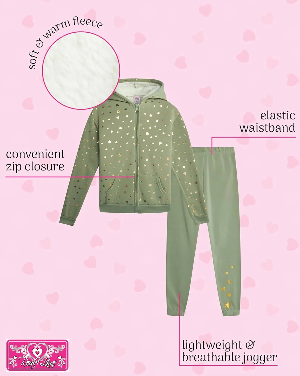 Real Love Girls' Sweatsuit Set - 2 Piece Sweatshirt with Sherpa Fleece Lined Hood and Jogger Sweatpants (7-16)