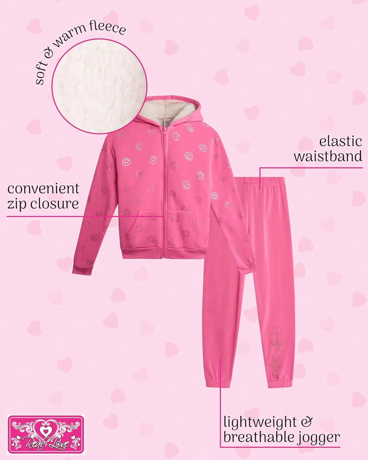 Real Love Girls' Sweatsuit Set - 2 Piece Sweatshirt with Sherpa Fleece Lined Hood and Jogger Sweatpants (7-16)