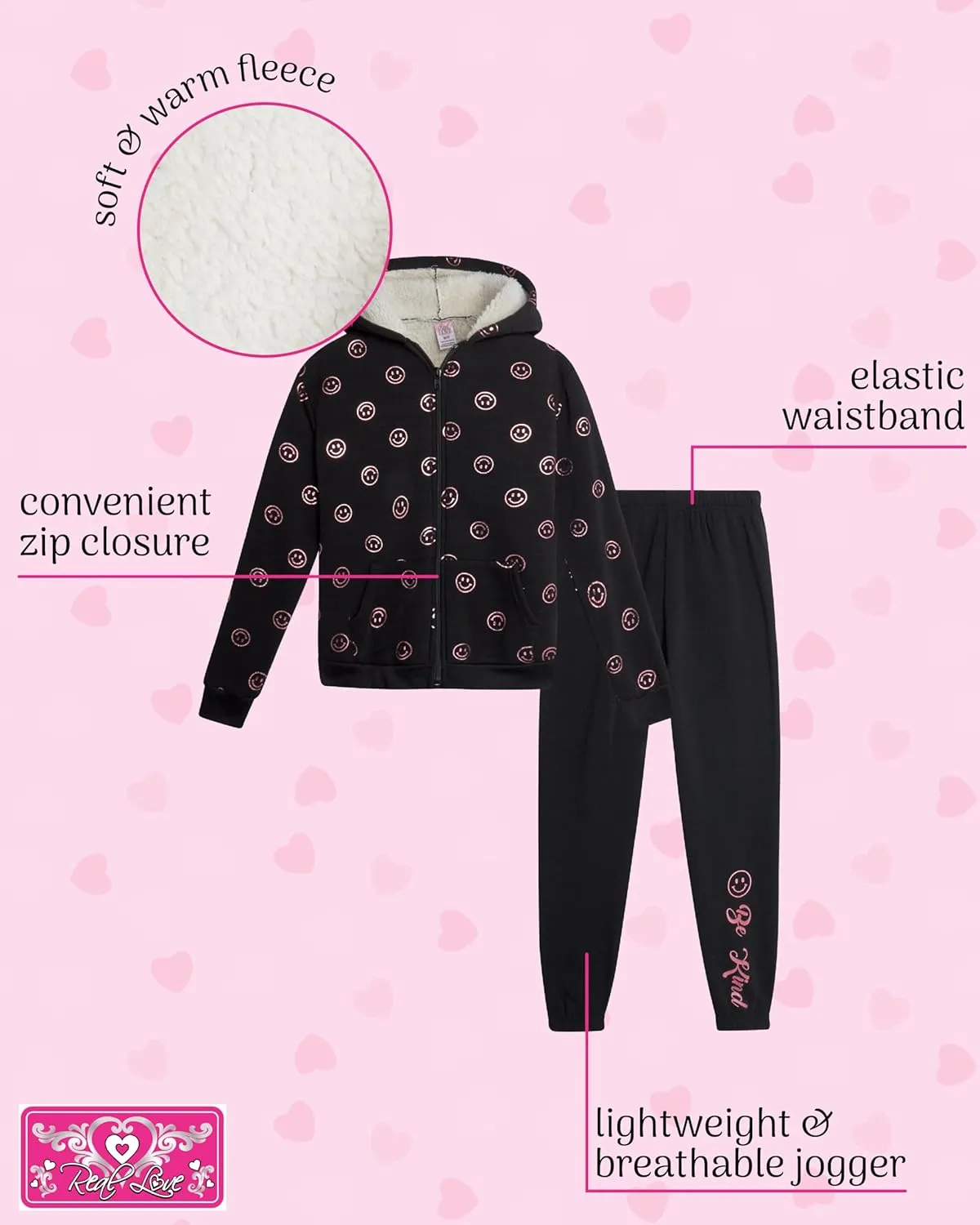 Real Love Girls' Sweatsuit Set - 2 Piece Sweatshirt with Sherpa Fleece Lined Hood and Jogger Sweatpants (7-16)